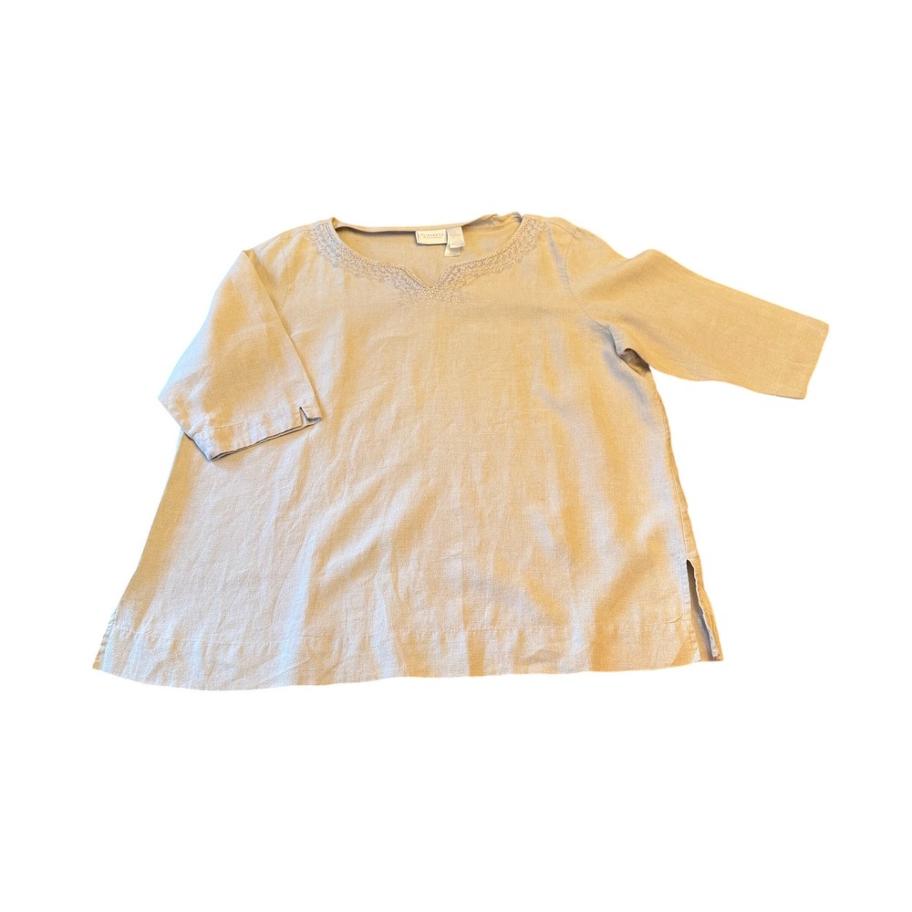 Elisabeth by Liz Claiborne Beige Linen Blend 3/4‎ Sleeve V-Neck Top Size 2